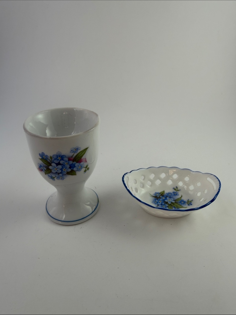 Egg Cup & Porcelain Basket Forget me Knots Flowers